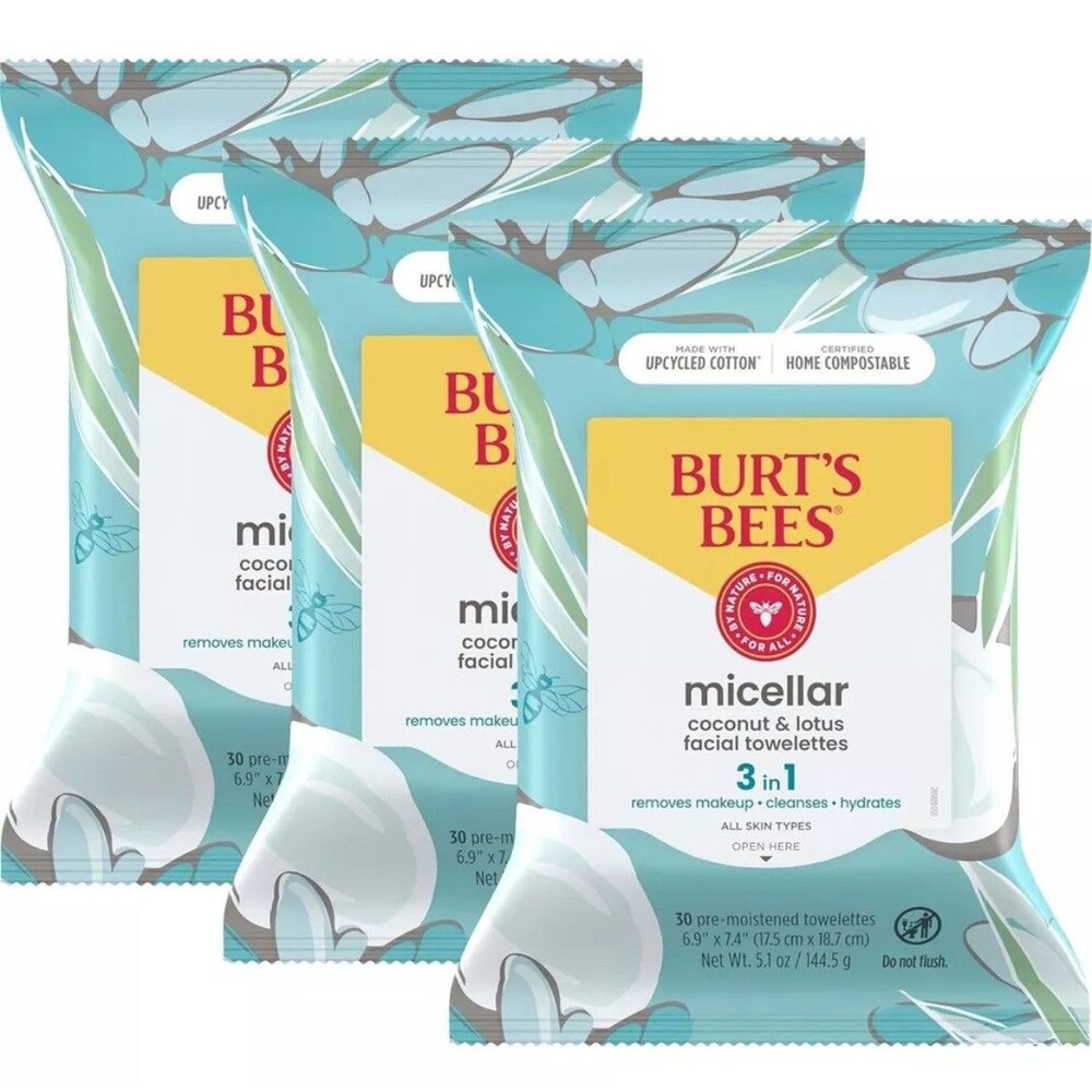 3 PACK Burt's Bees 3 in 1 Facial Cleansing Towelettes & Makeup Remover Wipes